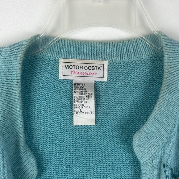 Victor Costa Sz L Silk, Angora Rabbit Hair, Long Line Blue Sequined Sweater - Picture 6 of 8